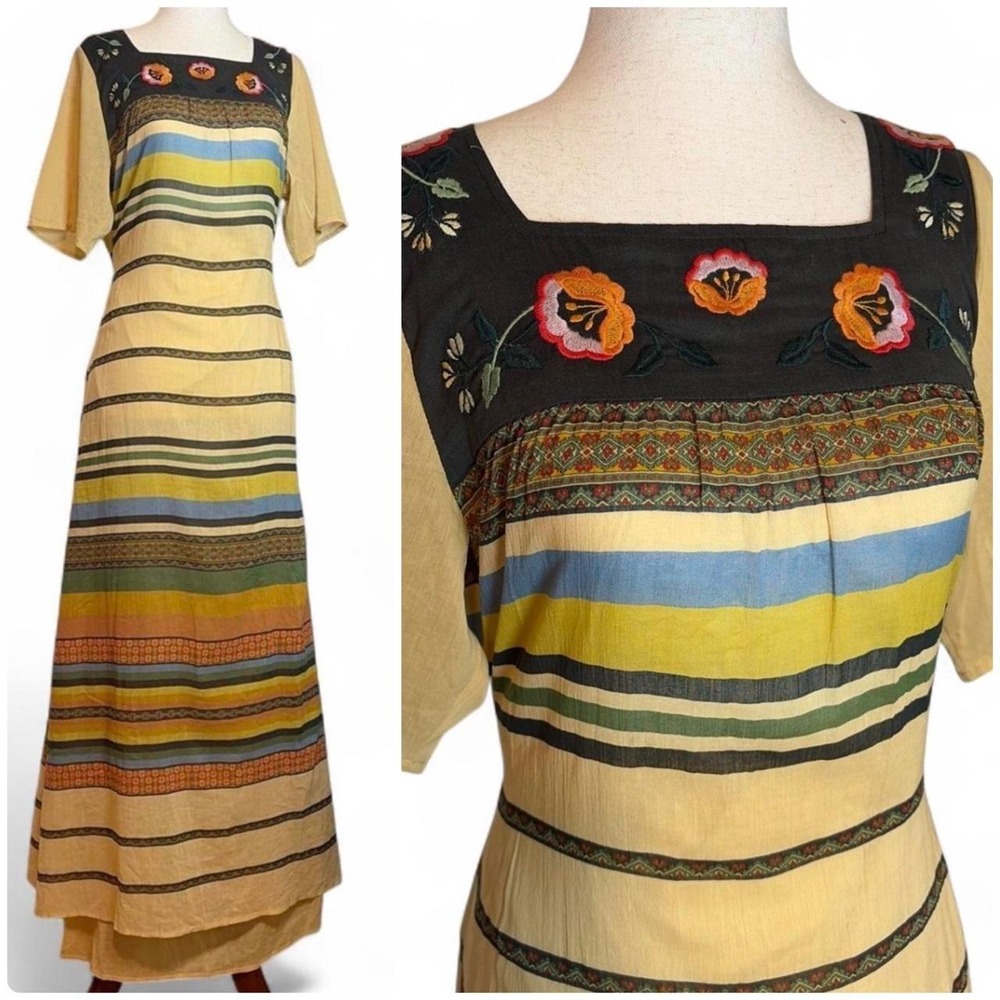 NWT Golden Brown the Label Folksy 70s Inspired Embroidered Maxi Dress